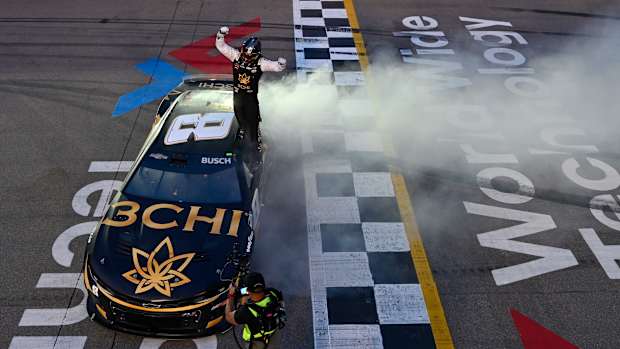 Kyle Busch celebrates after winning Sunday's NASCAR Cup Series Enjoy Illinois 300 at World Wide Technology Raceway. (Photo by Jeff Curry/Getty Images)